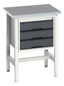 verso adj. height workstand with 3 drawer cabinet & lino top. WxDxH: 700x600x780-930mm. RAL 7035/5010 or selected Verso Height Adjustable Work Storage and Packing Benches